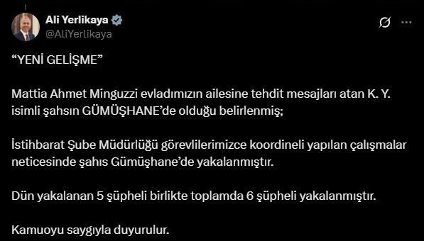 bakan yerlikaya mattia ahmet minguzzinin ailesine tehdit mesajlari atan sahsin yakalandigini duyurdu 7b21794ecce8 |
