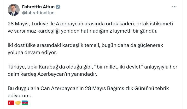 Cumhurbaşkanlığı İletişim Başkanı Altun: "Türkiye her zaman, her daim kardeş Azerbaycan’ın yanındadır" 1 cumhurbaskanligi iletisim baskani altun turkiye her zaman her daim kardes azerbaycanin yanindadir 6846a80c868d |