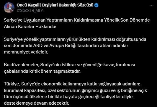 disisleri sozcusu keceliden suriyeye yaptirimlarin kaldirilmasina iliskin paylasim b1aab75aa3c8 |
