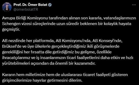 Bakan Bolat: "Schengen vizesi süreçlerinde uzun süredir beklenen bir kolaylık hayata geçmiştir" 1 bakan bolat schengen vizesi sureclerinde uzun suredir beklenen bir kolaylik hayata gecmistir c258c386527c |