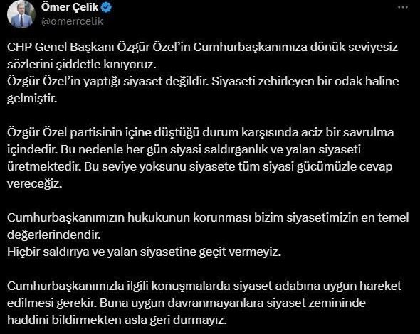 AK Parti Sözcüsü Çelik: "Özgür Özel’in Cumhurbaşkanımıza dönük seviyesiz sözlerini şiddetle kınıyoruz" 1 ak parti sozcusu celik ozgur ozelin cumhurbaskanimiza donuk seviyesiz sozlerini siddetle kiniyoruz d423b90c5f31 |