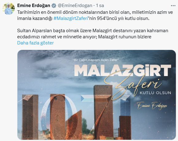 Emine Erdoğan’dan, Malazgirt Zaferi’nin 954’üncü yıl dönümü paylaşımı 1 emine erdogandan malazgirt zaferinin 954uncu yil donumu paylasimi 89b88897527a |