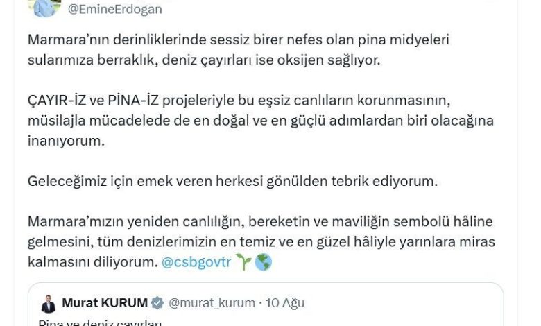 emine erdogandan marmara denizinde baslatilan pina midyeleri ve deniz cayirlari projesine iliskin paylasim 3ed41c75a753 |