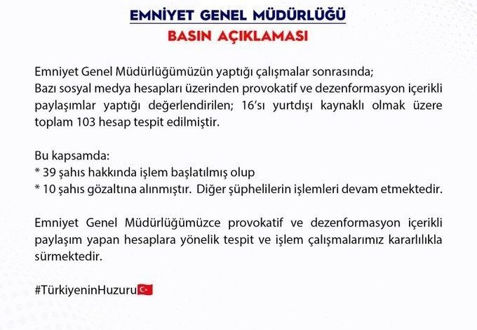 EGM, provokatif ve dezenformasyon içerikli paylaşımlar yapan 10 kişinin tutuklandığını duyurdu 1 egm provokatif ve dezenformasyon icerikli paylasimlar yapan 10 kisinin tutuklandigini duyurdu 2b370d3df990 |