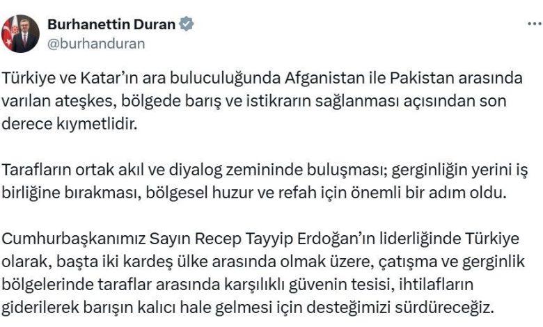 Burhanettin Duran’dan Afganistan-Pakistan ateşkesi açıklaması 1 burhanettin durandan afganistan pakistan ateskesi aciklamasi 79c0715f0e49 |
