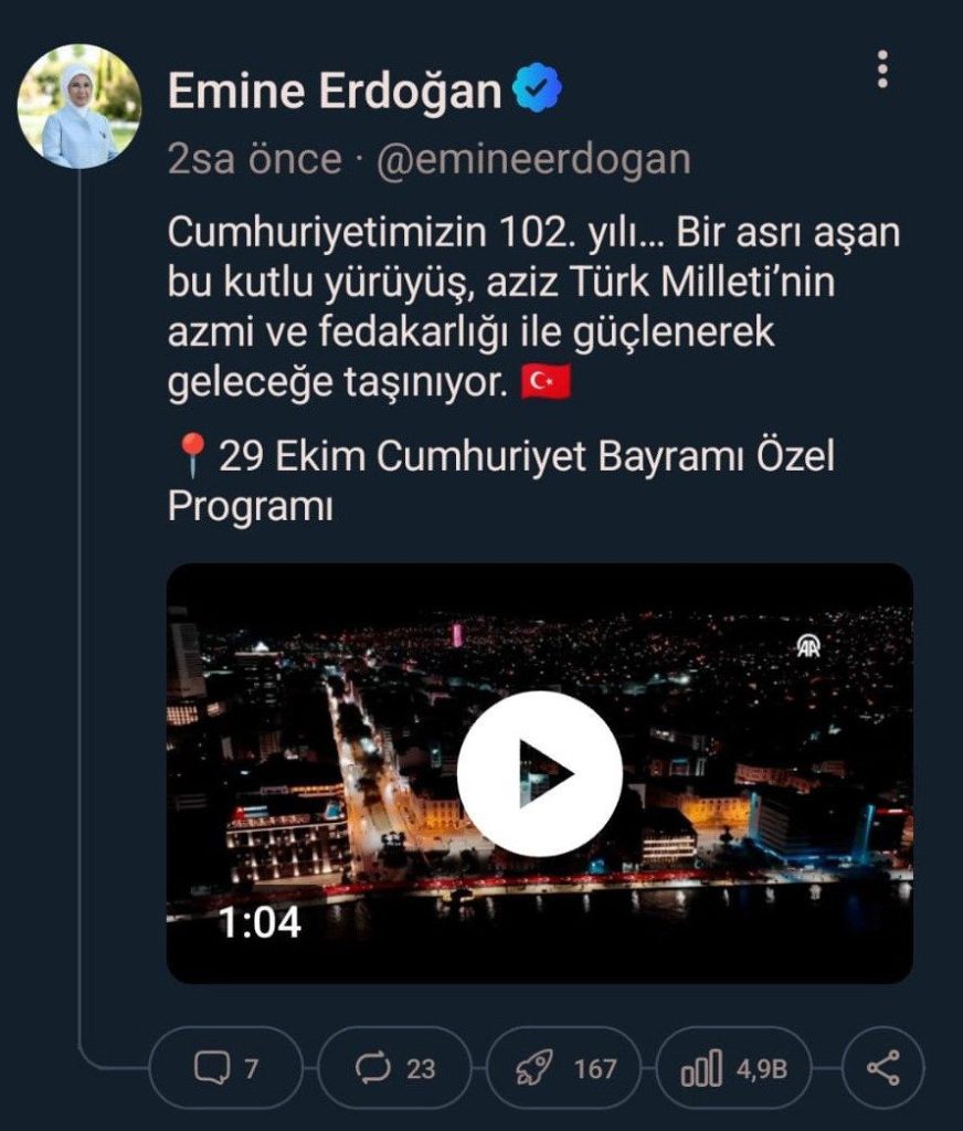emine erdogan cumhuriyetimizin 102 yili bir asri asan bu kutlu yuruyus aziz turk milletinin azmi ve fedakarligi ile guclenerek gelecege tasiniyor dc6f7629c986 |